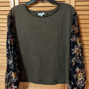 Umgee Olive Top with Floral Sleeves